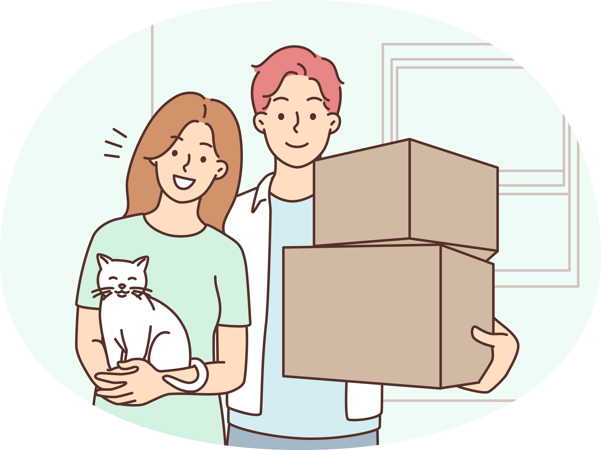 Happy couple with cat on moving day